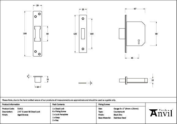Satin Chrome 2½" 5 Lever BS Dead Lock, Aged Bronze