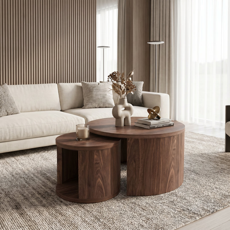 Ensemble de 2 tables basses gigognes modernes avec centre de table rond en bois 31,5 po avec bord rainuré de sécurité et conception compacte