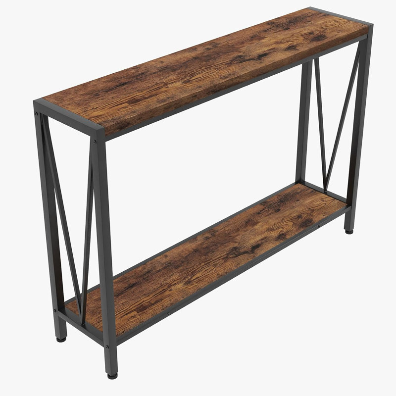 120x25x76cm Industrial Console Table with Shelf, Narrow Sofa Table, Brown