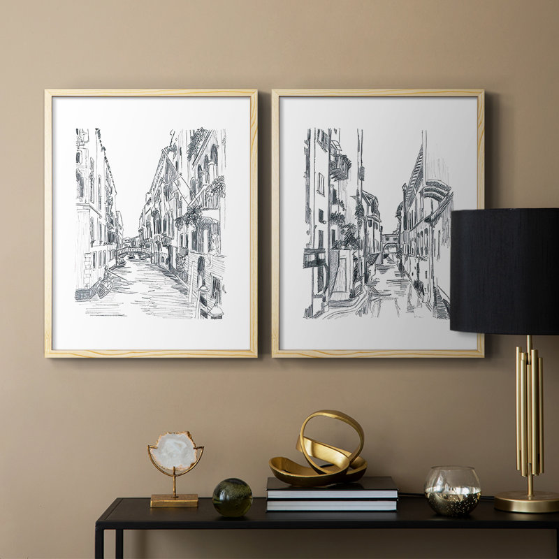 Croquis de la scène du canal I - reproduction encadrée de qualité supérieure - prête à être accrochée - aucun clou requis - aucun clou requis