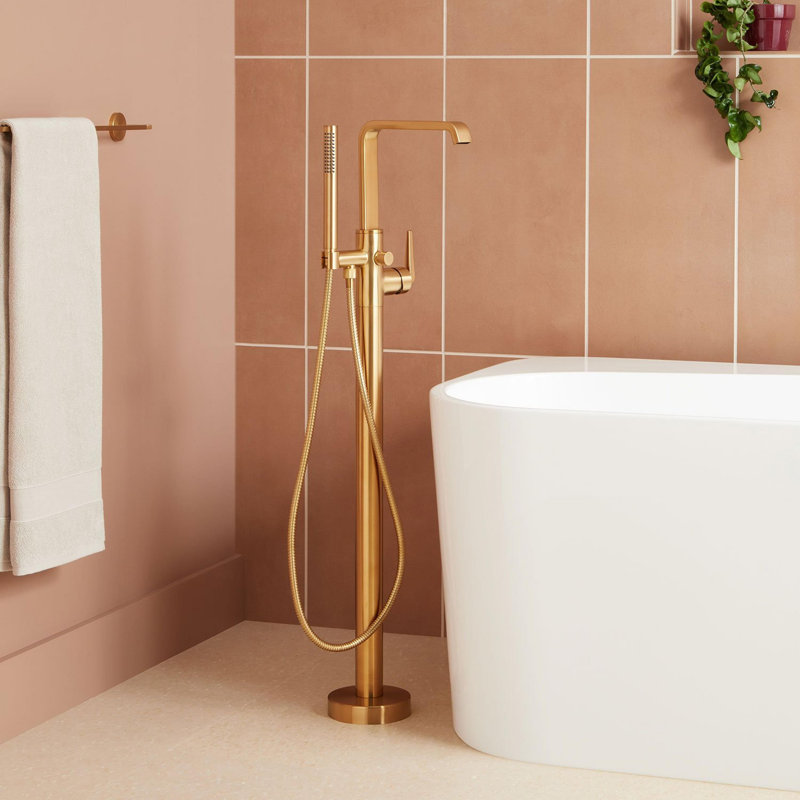 Drea Floor Mounted Tub Filler with Built-In Diverter, Brushed Gold