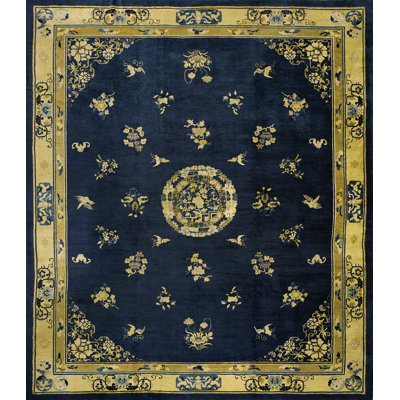Tapis antique beige, bleu, médaillon chinois des années 1920