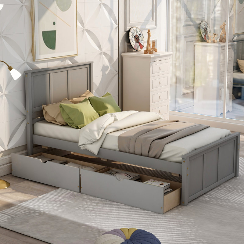 Lit plateforme pratique avec deux tiroirs à roulement doux, idéal pour une utilisation efficace de l'espace et un repos confortable