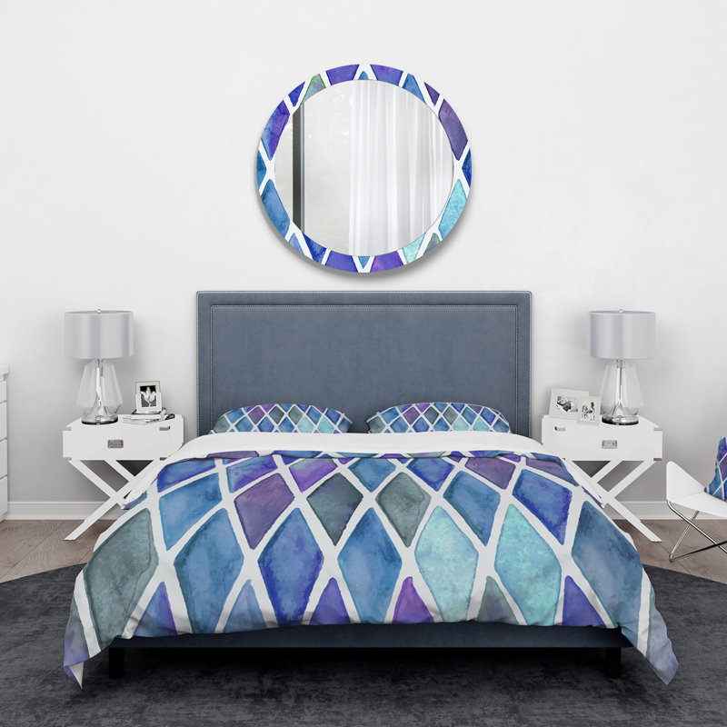Ensemble de housse de couette en microfibre bleu / mauve, Housse de couette pour grand lit et 2 taies décor