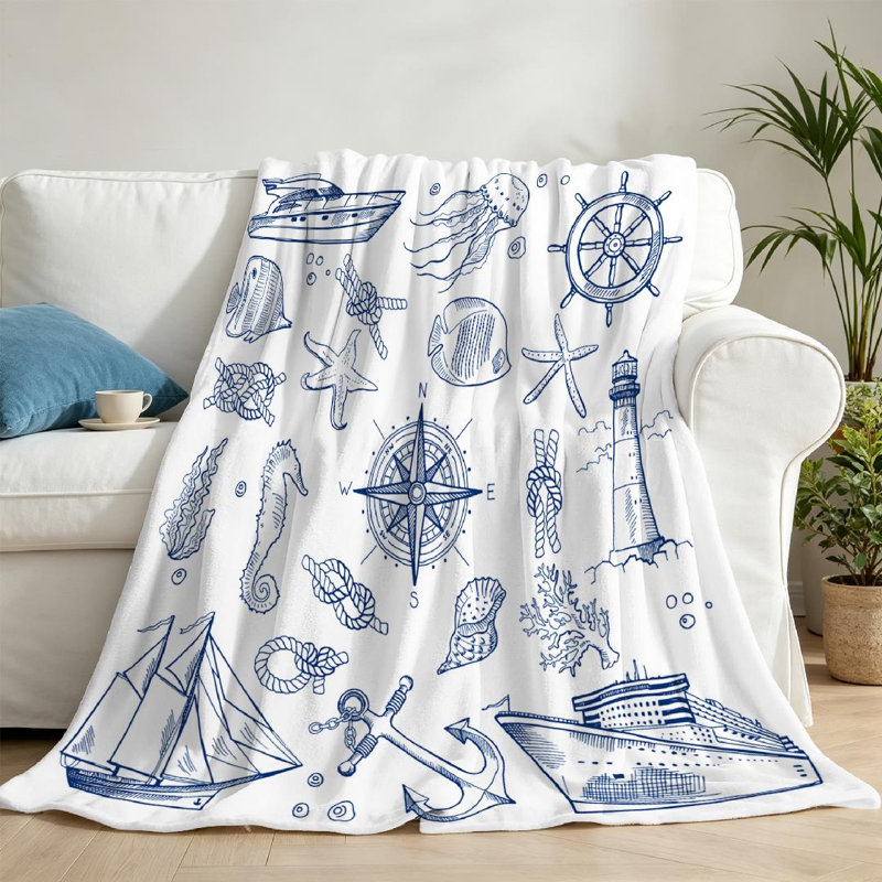 Jeté en molleton bleu ultra doux, imprimé océan, Jeté 50 po x 60 po