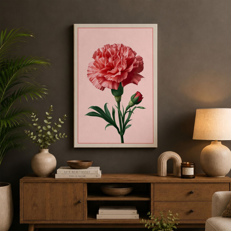 Pink Carnation Botanical - Wrapped Canvas, 36x24 - 91.4 x 61.0 cm, Sage Border
