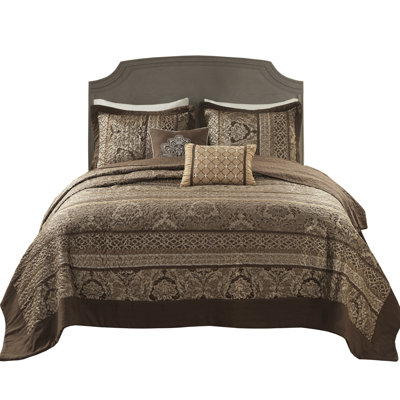 King Bedspread - 5 Piece Reversible Brown/Gold, , Leaf, Striping And Motifs, 2 Shams, Throw Pillows, Machine Washable Brown/Gold Reversible, & Shams Decorative