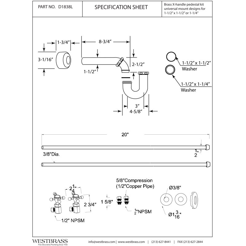 Ensemble de lavabo sur pied LA-Style avec siphon en P, conduites d'alimentation, brides et butées d'angle à poignée en croix