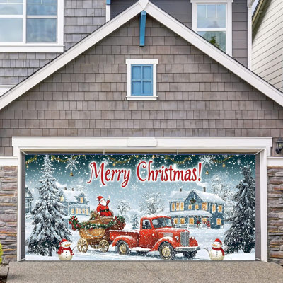 Merry Christmas Garage Door Cover 6x13 Ft, White Banner With Magnetic Hooks & Elastic Cord, Holiday Decor For 2 Car Garage