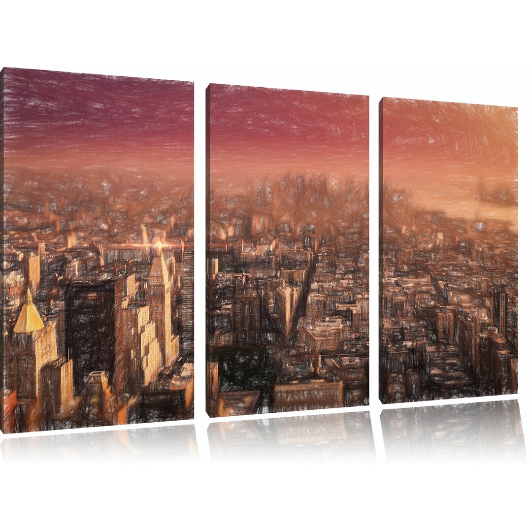 3-tlg. Leinwandbilder-Set „New York City bei abendrotem Sonnenuntergang“, Grafikdruck