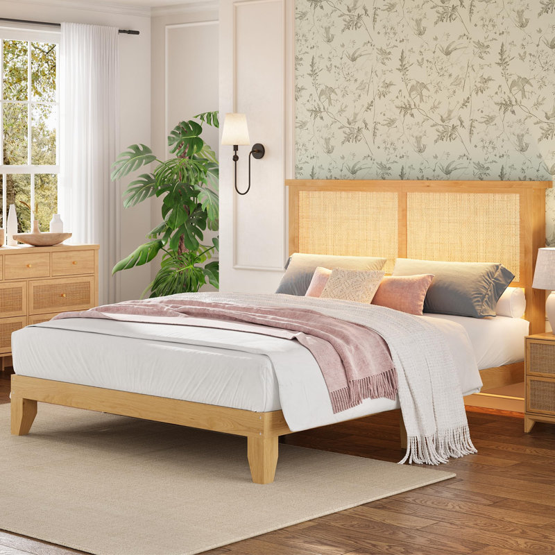 Queen Size Rattan Bed Frame, Boho Bed Frame with Natural Rattan Headboard, Rattan Bed Frame with LED Lights, Wood Support Legs and Slats, Noise-Free, No Box Spring Needed
