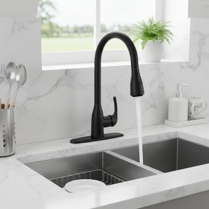 Modern High Arc Single Handle Pull-Down Kitchen Faucet with Deck Plate (Set of 2), Matte Black