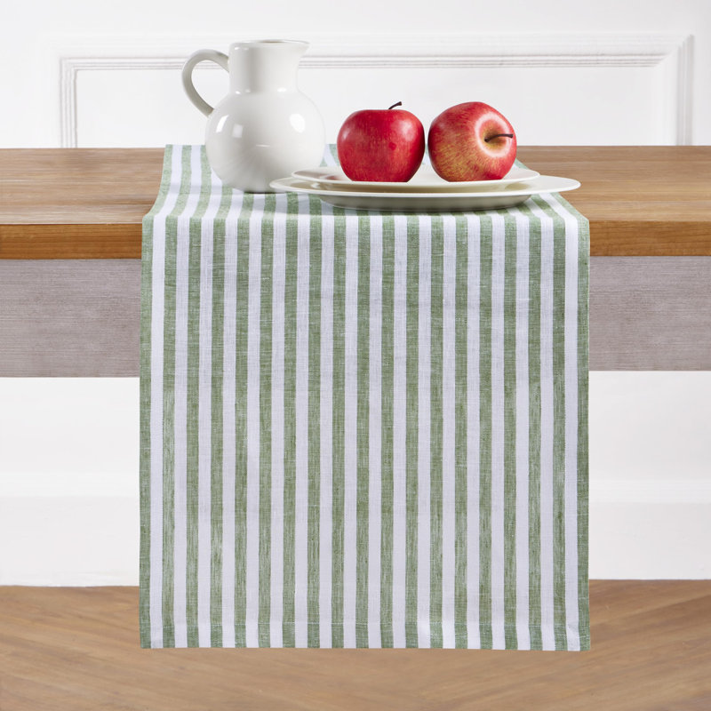 Amalfi Stripe - 100% Pure Linen Table Runner, 36" x 14", Green/White