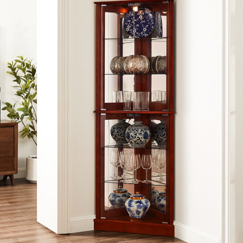 Lighted Cabinet For Corner - Mirrored Back Adjustable Shelves Cherry Taste Display Curio Lights Tempered Glass Family Photos