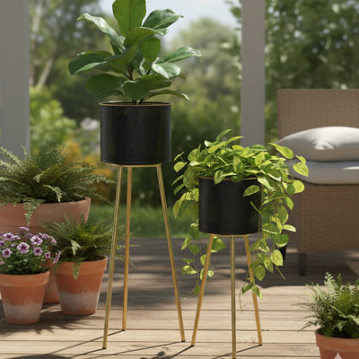 Pot à fleurs moderne en métal noir, ensemble de 2 jardinières, trépied doré, décoration intérieure ou extérieure pour la maison ou le bureau