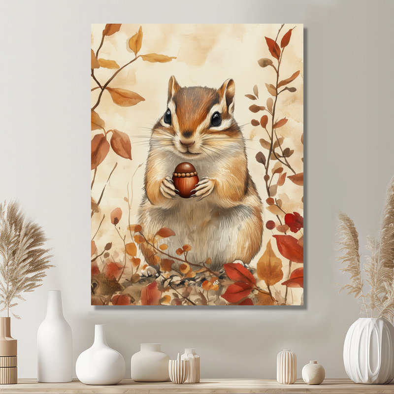 Chipmunk and the Autumn Acorn - Art mural encadré animal, H 20 po x l 12 po, Wrapped Canvas