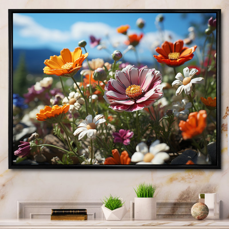 Bouquet de fleurs fantaisistes Attiyya - impression, H 16 po x l 32 po x P 1 po, Cadre flottant noir