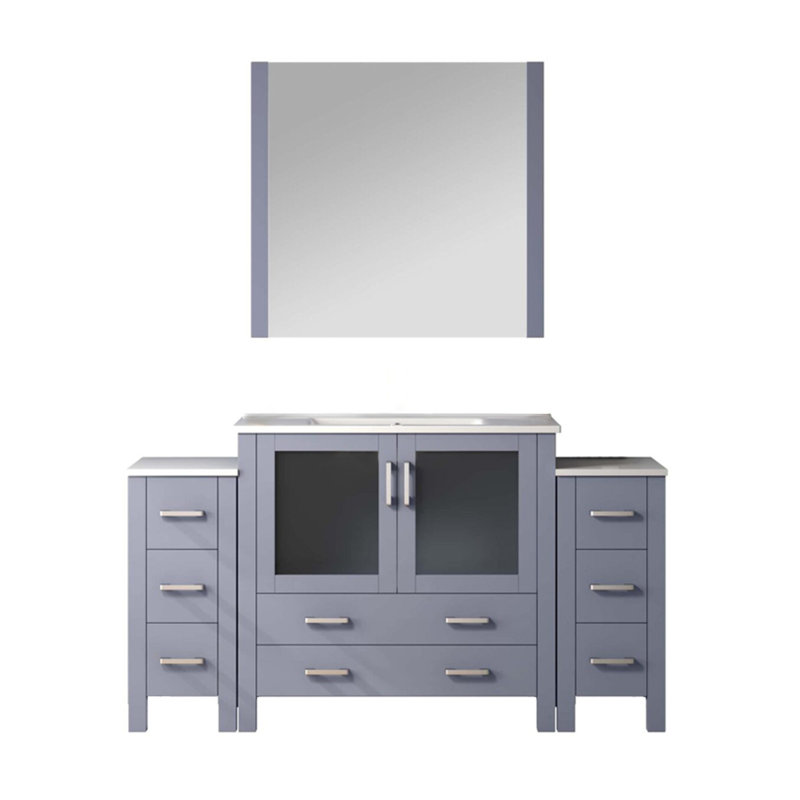 Gris foncé 60 po W Meuble-lavabo avec armoires latérales, comptoir en céramique blanche, miroir 34, tiroirs à fermeture en douceur, une armoire intérieure pour le rangement et surface résistante aux taches
