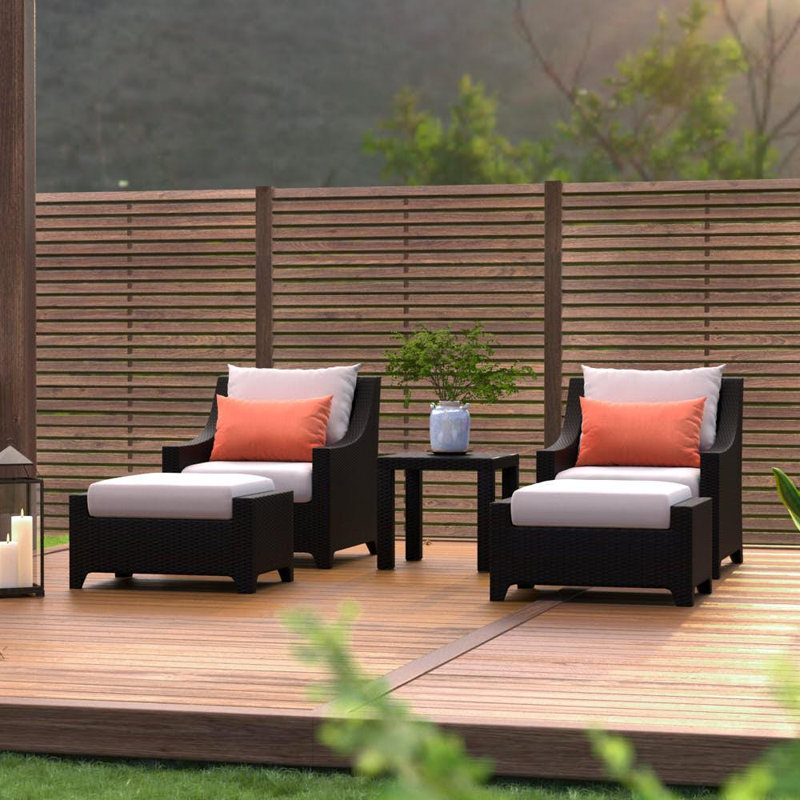 Mifflin 5 Piece Rattan Sunbrella Multiple Chairs Seating Group with Cushions, Light Gray/Coral Sunbrella