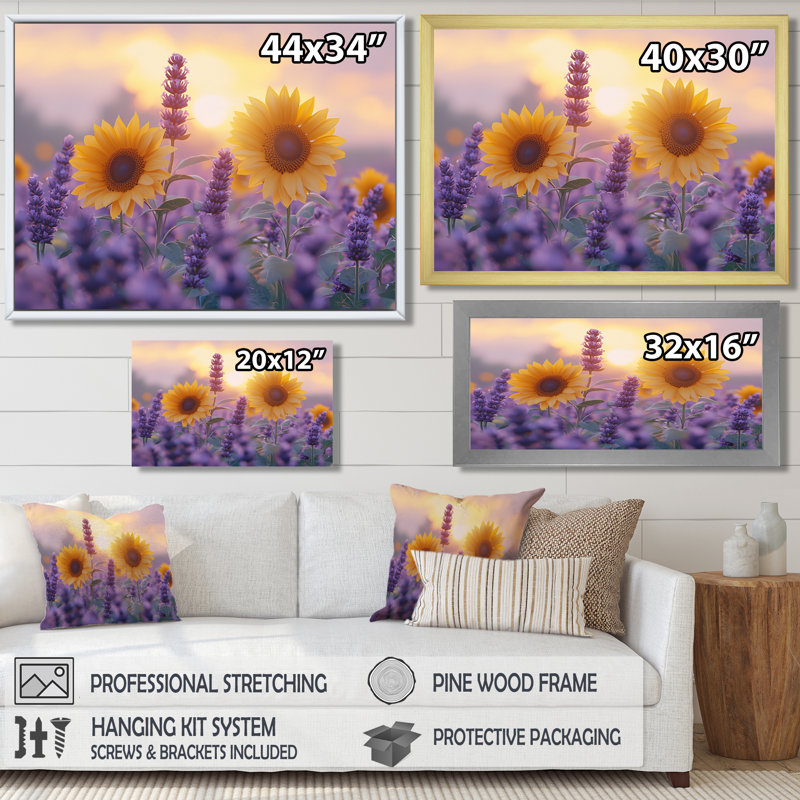 Creager Sunflowers In A Lavender Field - Sunflowers Large, art mural, Argent argent, Impression encadrée flottante