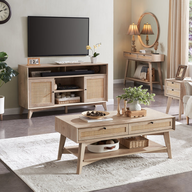 Linets Natural Rattan TV Stand,TV Console Table With Adjustable Shelves For TVs Up 75", Oak