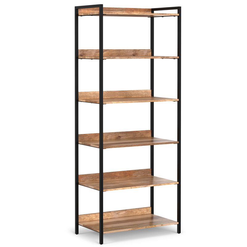 Kelsey 30"W Solid Mango Wood 6 Shelf Modern Industrial Large Bookcase with Metal Frame and Fixed Shelves