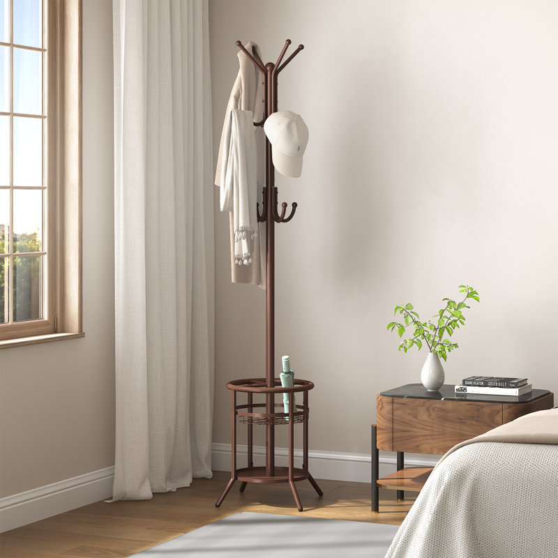 12-Hook Freestanding Metal Coat Rack with Storage Shelf, Circle, Brown