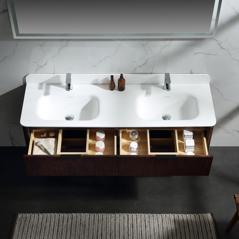 Ensemble de meuble-lavabo mural flottant cannelé à grain de bois en noyer de 60 po avec meuble-lavabo double en acrylique et 4 tiroirs à fermeture en douceur Schlater