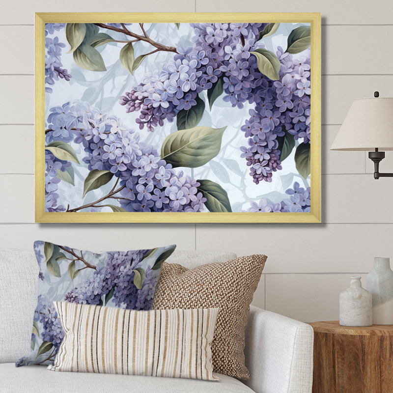 Mauve et gris, lilas, fleurs parfumées IV - art mural floral, H 16 po x l 32 po x P 1 po, Encadrement doré