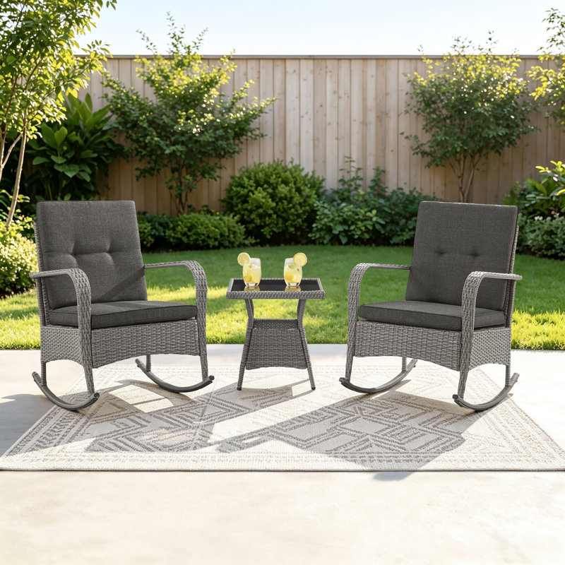 Baecher 2-Person Wicker Rocking Outdoor Seating Group with Glass-Top Side Table, Black