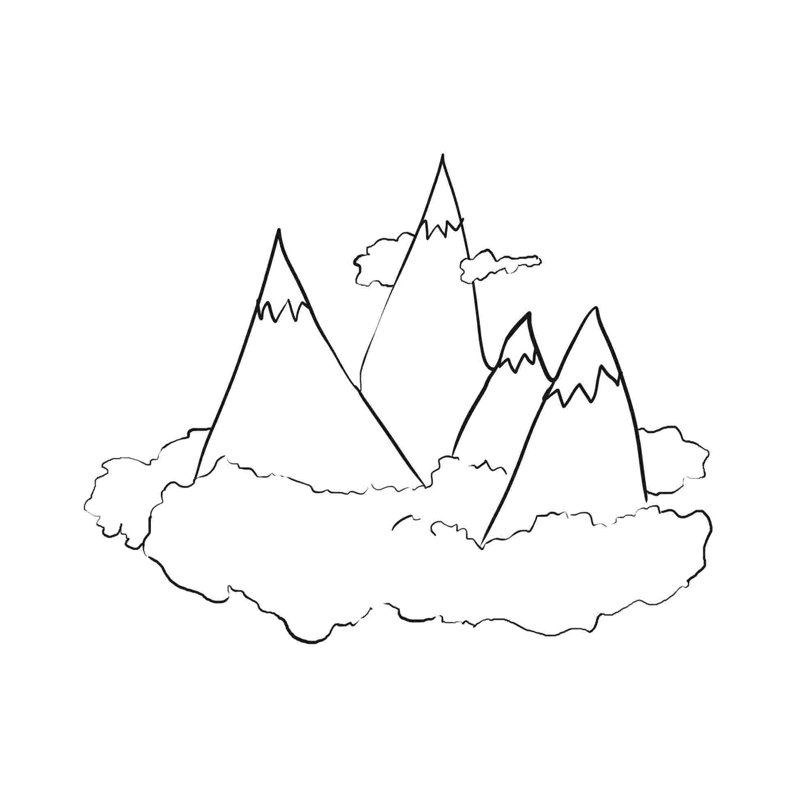 Montagnes dans les nuages - reproduction de dessin sur toile tendue, H 12 po x l 12 po