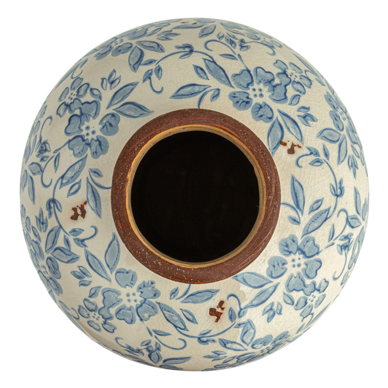 Dolohov Round Decorative Terra-cotta Vase with Transferware Pattern