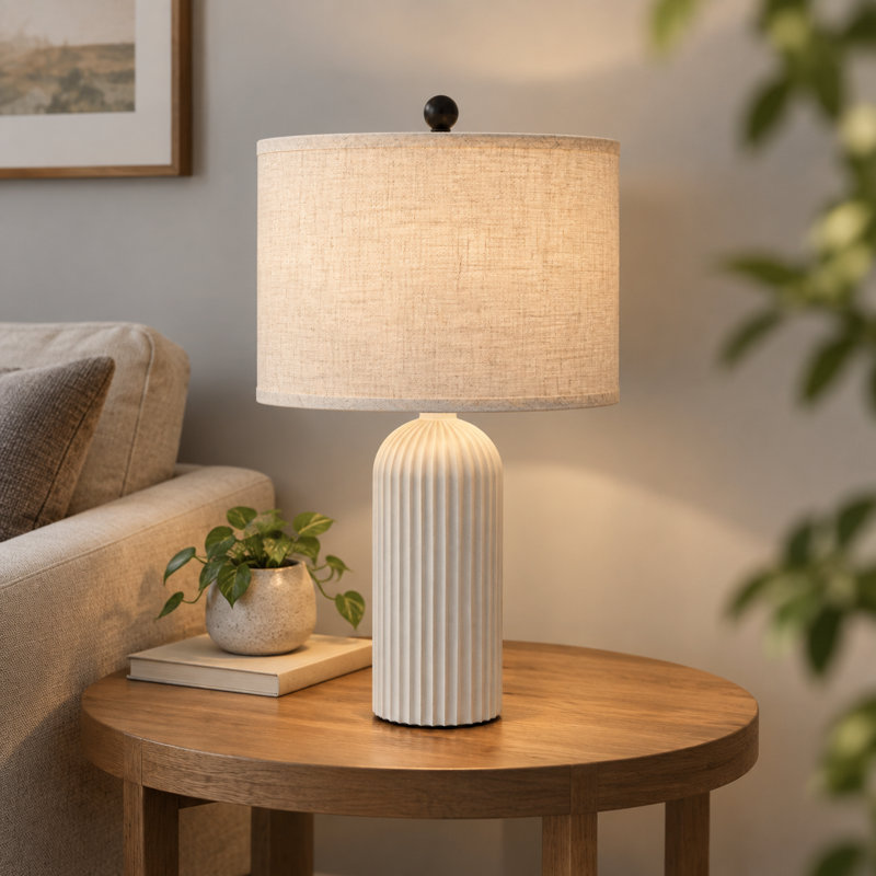 Ensemble de 2 lampes de table en béton cannelé 22,4 po, blanc, paquet de 2
