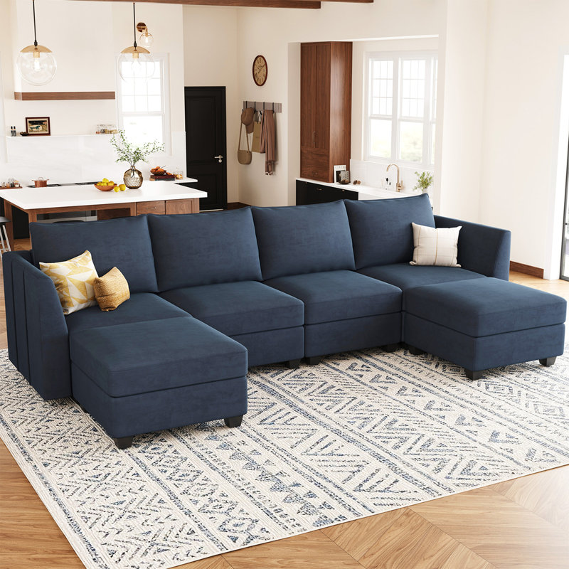 Allinson Velvet U Shaped 4-Seat Modular Sofa Freely Combined Storage Sofa Solid Wood Living room Sectional Sofa with Ottoman