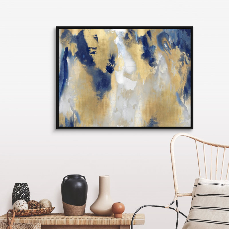 Reproduction d’art sur toile abstraite « taches d’or » par David Moore, H 32 po x l 42 po x P 1,75 po, Cadre noir
