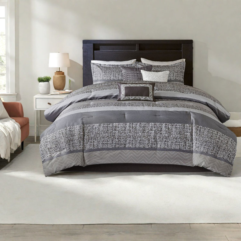 Ensemble de literie luxueuse en jacquard 7 pièces, gris et taupe, grand, style moderne