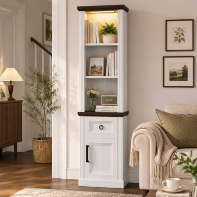 Bibliothèque haute avec armoire et tiroir, bibliothèque étroite de 14,6 po avec tablettes réglables et éclairage à DEL, tablette moderne pour la chambre à coucher, le bureau et l'espace de vie, porte de droite