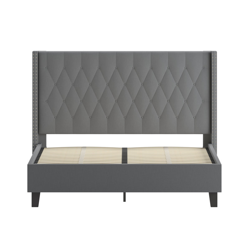 Aluino Tufted Upholstered Platform Bed w/ Accent Nail Trimmed Extended Sides, Dark Gray, Queen
