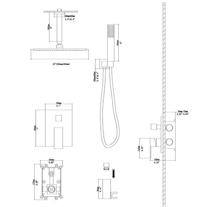 10" Ceiling Mount Shower In Gold - Dual Head With Valve, Rainfall And Handheld, Easy Installation & Clean Up Mounted 10 Inch Square -balanced