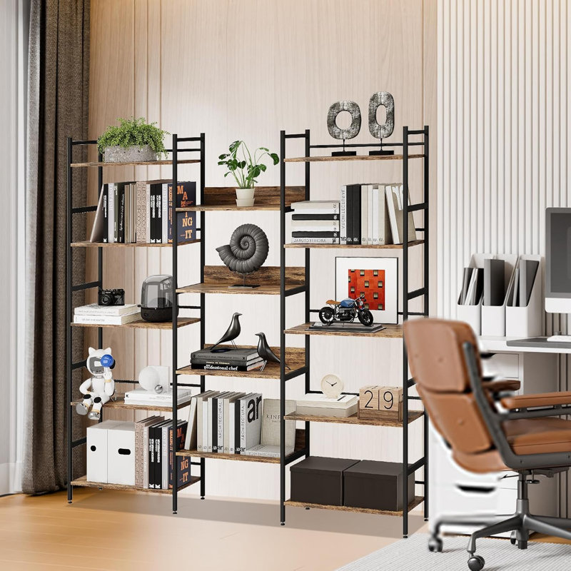 Bookshelf 5 Tiers With 4 Hooks, Triple 5 Tier Bookshelf,Bookcase Large Industrial Bookcase, Brun