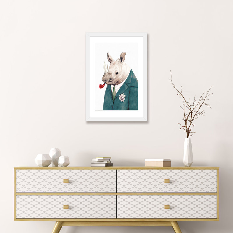 «Rhino Green suit» par Animal Crew, impression d'art graphique, H 24 po x l 16 po x P 1 po, Papier encadré blanc