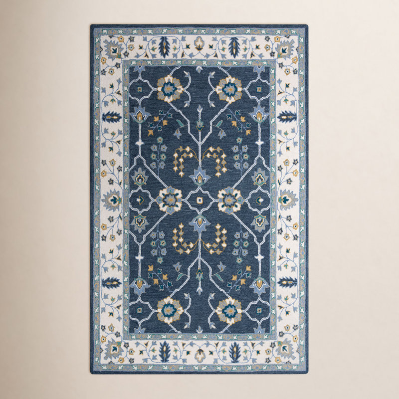 Tapis oriental bleu en laine touffeté à la main Bernard, Rectangle 5 pi x 7 pi 6 po
