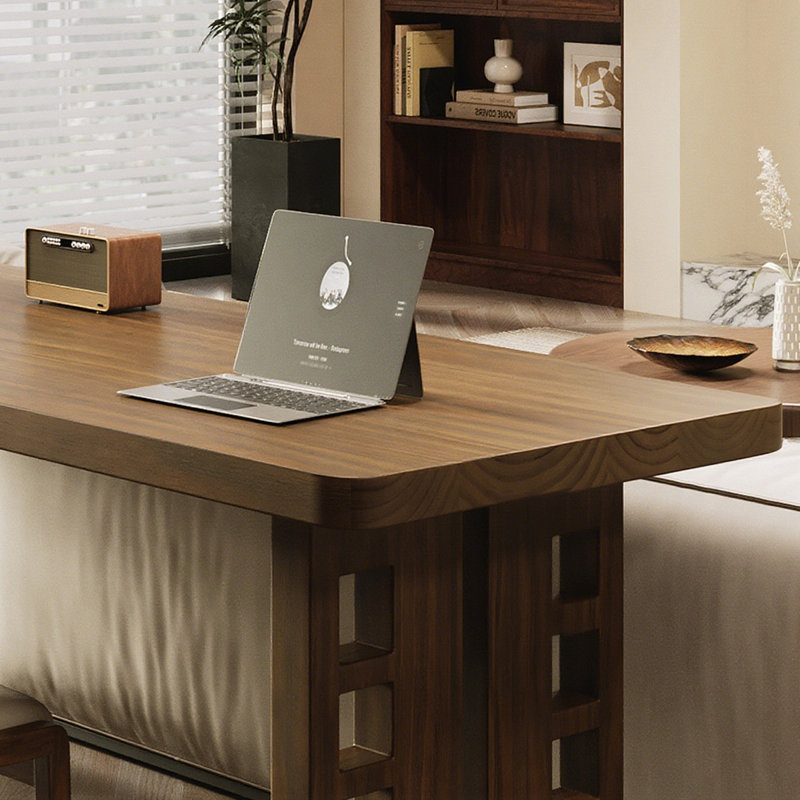 Nut-brown Rectangular Solid Wood writing desk, 29.53” H x 94.49” W x 27.56” D
