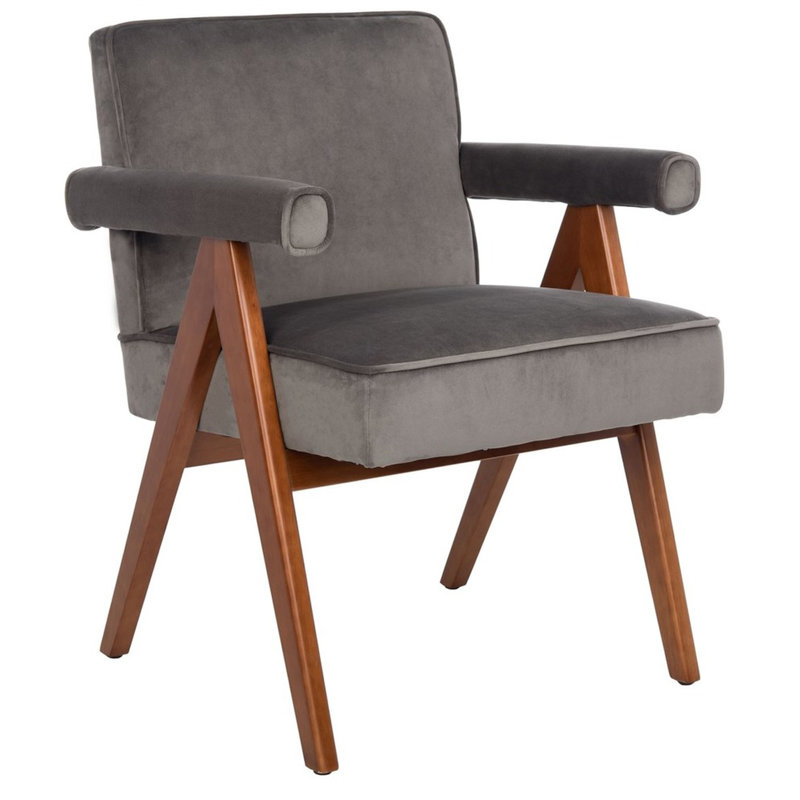 Fauteuil Towslee, Velours gris foncé, Noyer