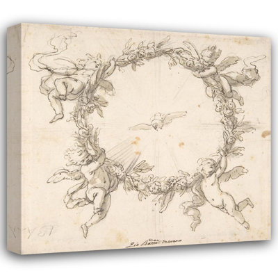"The Holy Spirit Surrounded by a Wreath of Flowers Held up by Infant Angels" by  Giovanni Battista Merano - Gallery Wrap Canvas Wall Art