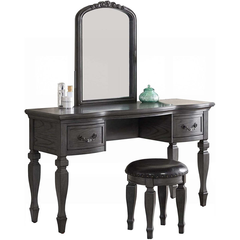 Luxurious Classic Wooden Vanity Set with Carved Mirror, Stool, and Drawers Finish, Gray