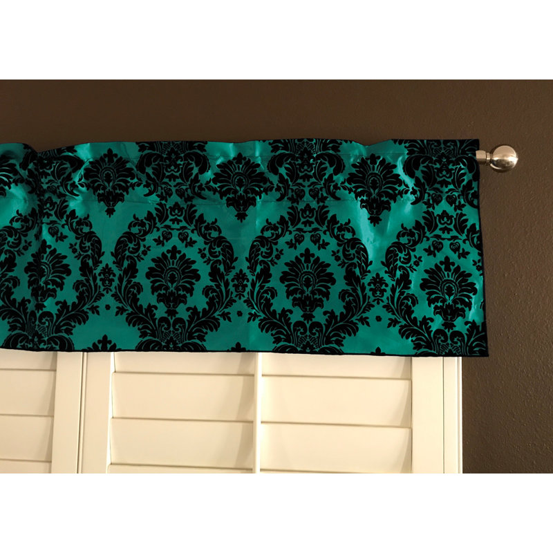 Damask Tailored Window Valance, 56" W x 20" L, Black/Aqua Green