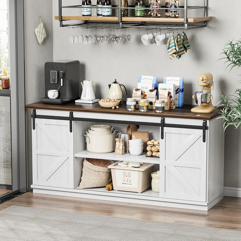 Buffet Farmhouse avec portes de grange coulissantes et tablette, blanc