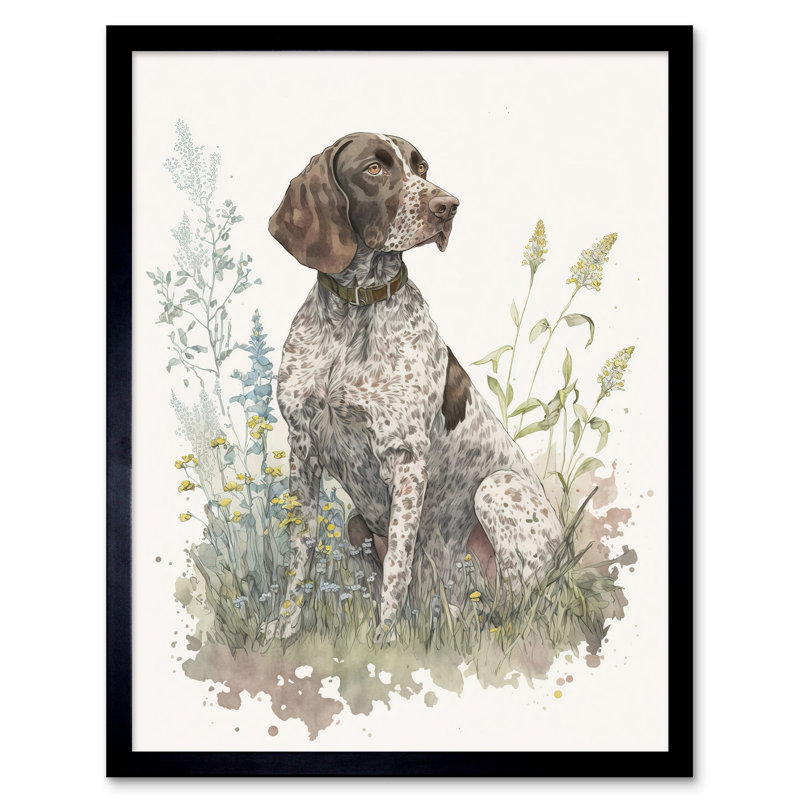 German Pointer Dog Sitting In Field Modern Detailed Pastel Watercolour - Single Picture Frame Print
