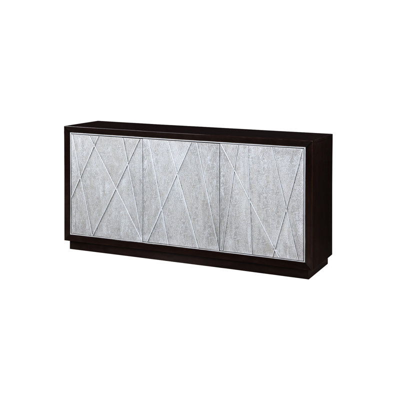 Armoire console argentée et noyer avec poignées - portes et 3 tablettes latérales porte géométrique